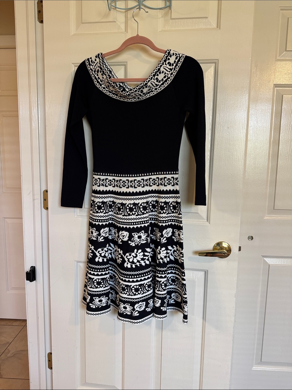 Eliza J Black and White Long-Sleeve Fit-and-Flare Dress